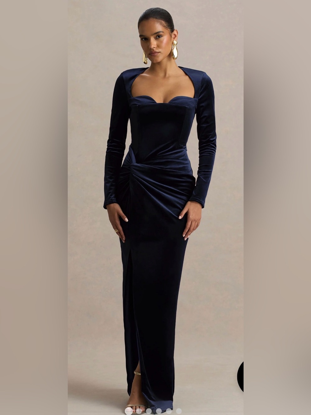 Club L Fay Navy Velvet Corset Style Knot Long-Sleeve Ruched Evening Dress Formal